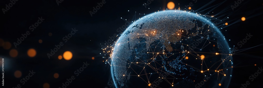 Poster global tech network connects world. modern tech communication system. international data transfer. i