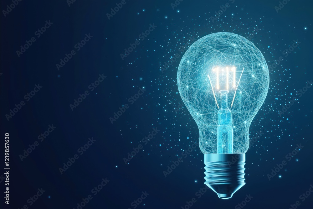 Poster futuristic lightbulb design with glowing lines, dots. abstract digital illustration on blue backgrou