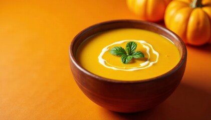 Creamy pumpkin soup in a wooden bowl on an orange background, autumn, creamy