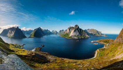 Obraz premium Generated image A panoramic view of a fjord with small islands and rugged mountain peaks in the background