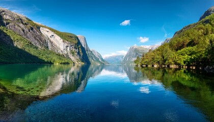 Fototapeta premium Generated image Crystal-clear fjord waters reflecting towering cliffs and evergreen trees under a bright blue sky