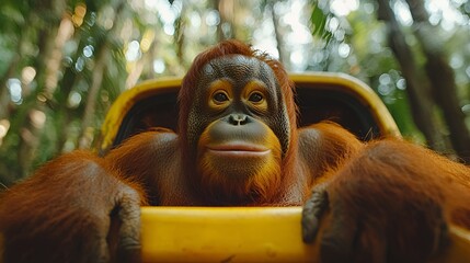 Fototapeta premium Orangutan relaxing in yellow container, jungle background, conservation