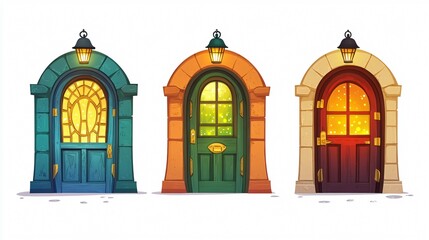 Obraz premium Variety of Colorful Cartoon Doors and Lanterns Collection