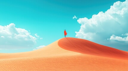 Person in red cloak standing on a sand dune under a vibrant blue sky.