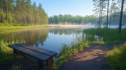 Peaceful lake with mist, forest, and bench.