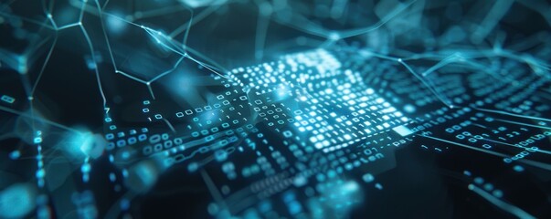 futuristic digital network with glowing binary code and interconnected nodes