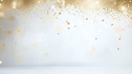 Elegant gold glitter confetti on light gray background. Festive design perfect for birthday party invitations 50th wedding anniversaries lively dance clubs. Joyful winter celebrations like Christmas,