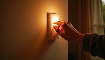 Hand turning off modern light switch indoors, Earth Hour theme