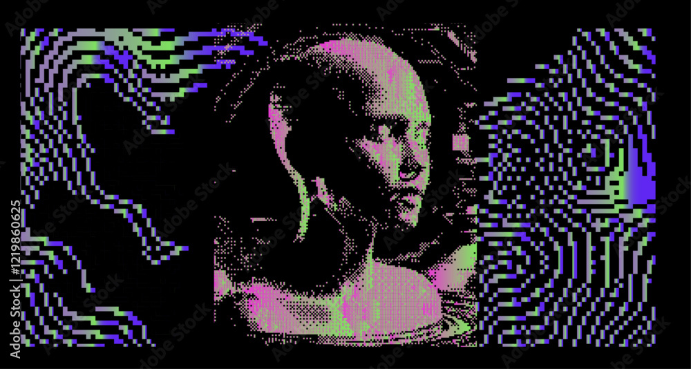 Poster Distorted and disintegrated image of human face made of holographic colorful pixel particles. Retrofuturistic vector illustration for tech and programming themes.