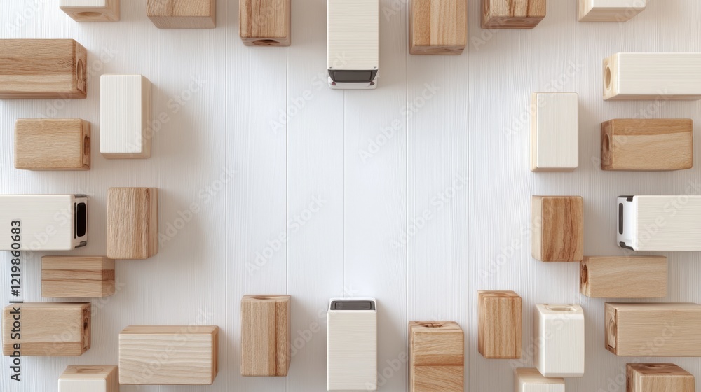Aufkleber aerial view of wooden blocks arranged in a circular pattern on a white surface, showcasing creativit