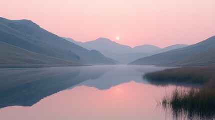 Fototapeta premium Pink sunset over lake with mountain reflections and morning fog.
