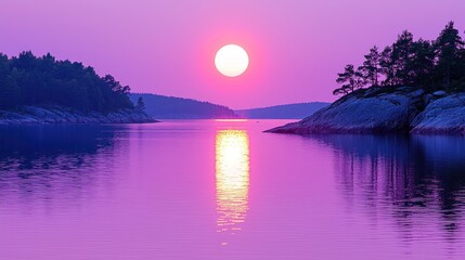 Pink sunset over calm water between forested shores.