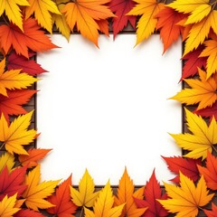 Fall leaves border blank white space on dark wood background