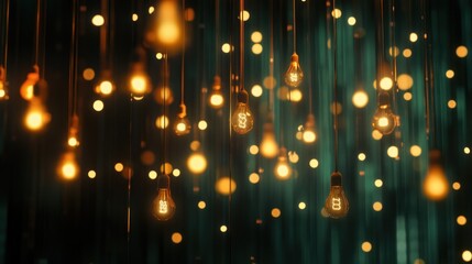 Glowing lightbulbs hanging against a dark teal background.