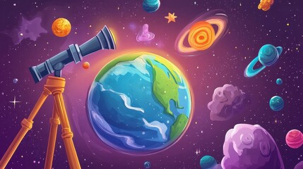 Cute cartoon Earth with telescope, discovering galaxies in space, vibrant and educational illustration. 
