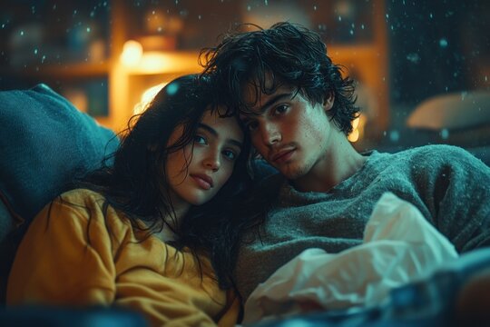 Sick couple sitting on sofa at home sneezing blowing nose with tissue together showing intimacy and vulnerability during cold virus flu season