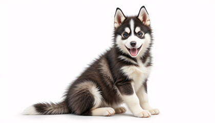 Obraz premium A highly detailed and realistic full-body image of a husky puppy sitting down with its fluffy fur, vibrant blue eyes, and expressive face, isolated, friendly, joyful, cute, detailed, lifelike, pet