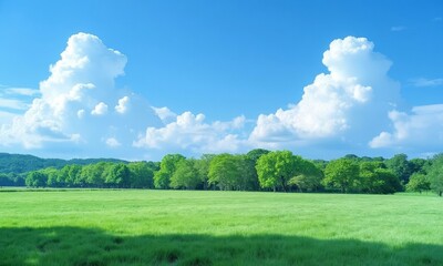 Naklejka premium Green field with trees and large white clouds in blue sky