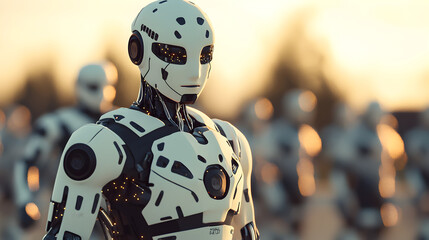 Fototapeta premium Futuristic Robots in a Dawn Landscape for Technological Concepts