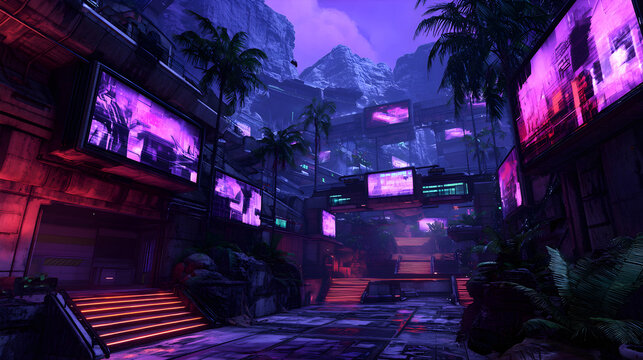 Futuristic Urban Landscape with Neon Lights and Tropical Vegetation