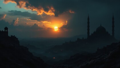 Fototapeta premium Mystical Sunset Over Ancient Middle Eastern City with Mosques and Minarets