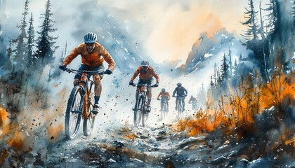 Dynamic watercolor illustration a mountain biking event on forest trails