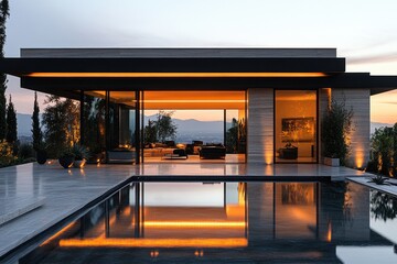 Fototapeta premium Minimalist Glass Doors Entrance with Warm Illumination and Polished Floor Reflection at Dusk