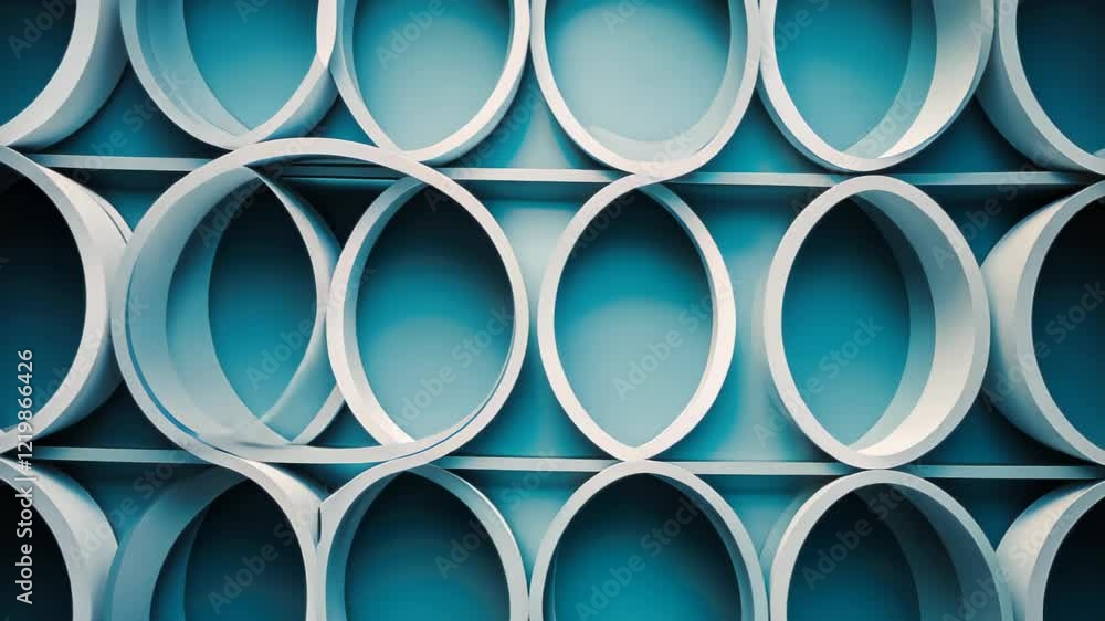 Poster exploring modern art through an intricate display of circular forms and dynamic shadows in an urban 