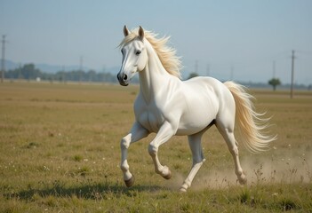 Obraz premium A beautiful white horse with a flowing mane and tail gallops across a grassy field, showcasing its speed and grace.