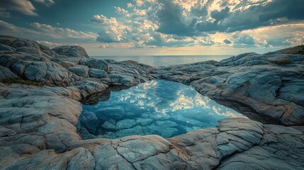 Rocky tidepool mirrors cloudy sky above ocean.
