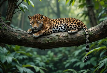 A striking jaguar lies on a thick branch in a verdant rainforest, its spotted coat camouflaged against the lush foliage.