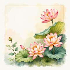 Pink lotus flowers with green leaves and buds framed in gold
