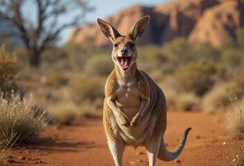 A cheerful kangaroo stands on a red dirt track in the Australian outback, its mouth open in a joyful expression.