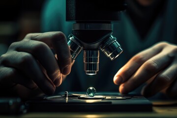 A person uses a microscope to examine a small, dark green gem.