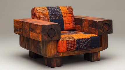 Modern wooden armchair with vibrant patchwork upholstery.