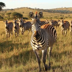 Fototapeta premium Zebra herd in grassy savanna, sunset.