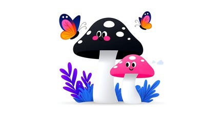 Obraz premium Playful Cartoon Mushrooms with Colorful Butterflies