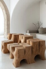 Wooden block furniture, minimalist, modern design.