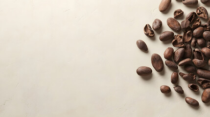 Obraz premium Rustic Cocoa Beans Spread Across a Light Beige Surface With Copy Space