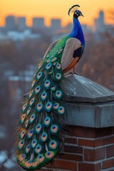 Obraz premium Peacock perched, sunset cityscape backdrop.