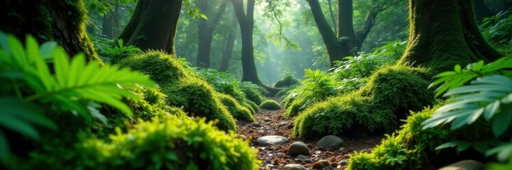 massive ferns and moss covering the forest floor, jungle ferns, mossy stones