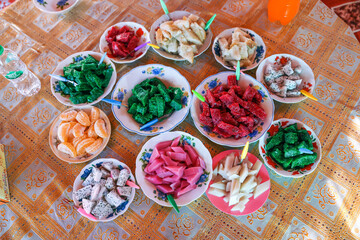 Top view of Many kinds of sweets and dessert snacks for breakfast. Burmese sweets are colorful and delicious.