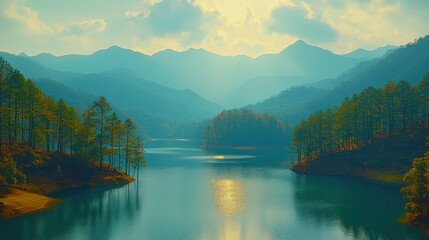Fototapeta premium Serene lake amidst misty mountains at sunrise.