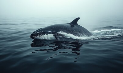Obraz premium Whale swims, misty ocean surface.