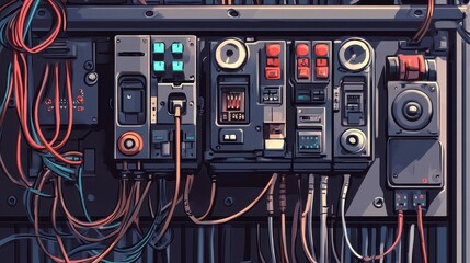 Illustration of an electrical panel with various wires and switches.