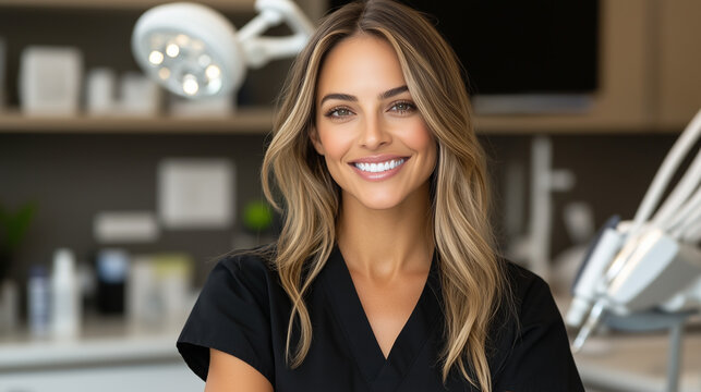 A confident medspa owner smiling warmly in a modern clinic, embodying professionalism and approachable beauty care expertise.