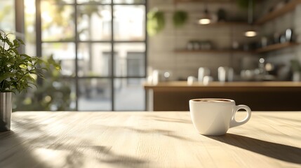 A contemporary cafe with light wooden tables and open space for food or beverage promotions