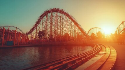 Obraz premium Rollercoaster sunset, water, amusement park.