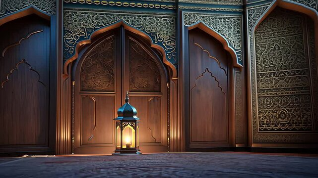 Traditional lantern glowing on a patterned carpet in front of ornate wooden doors with intricate Islamic designs.


