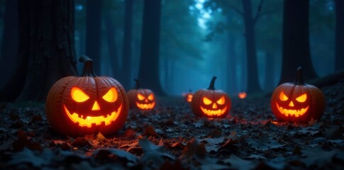 Creepy jack-o-lanterns lighting up a dark forest, eerie, spooky